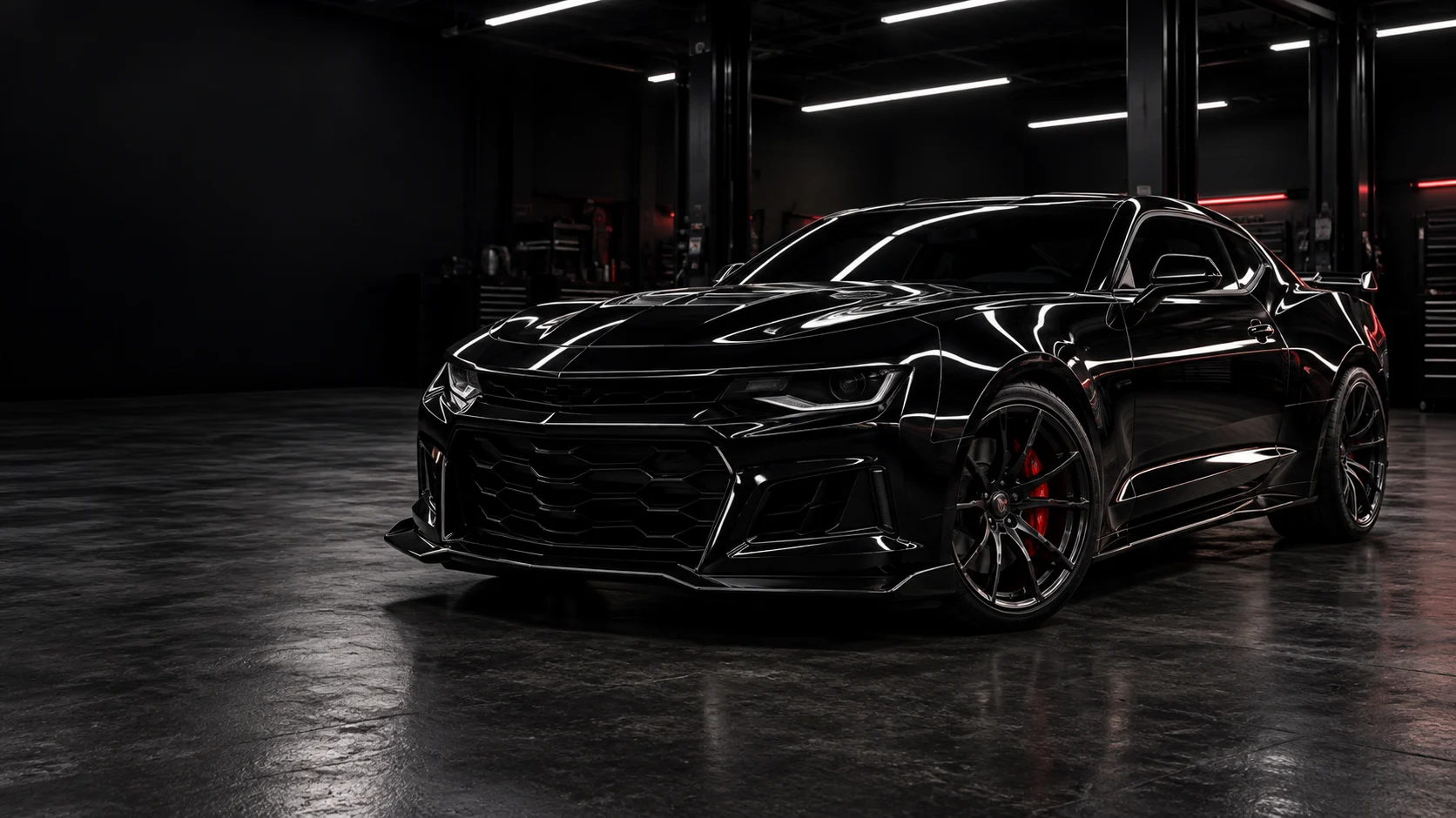 Glossy black Camaro with red brake calipers in a dark automotive showroom