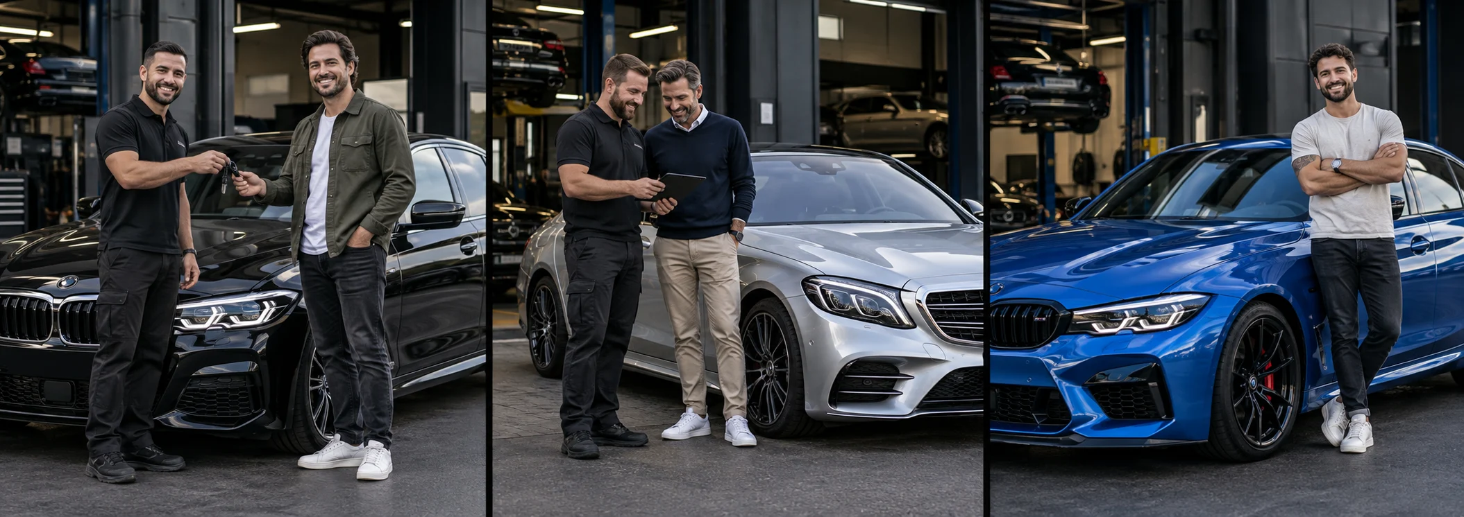 Illustrative montage of customers collecting finished vehicles at an automotive workshop