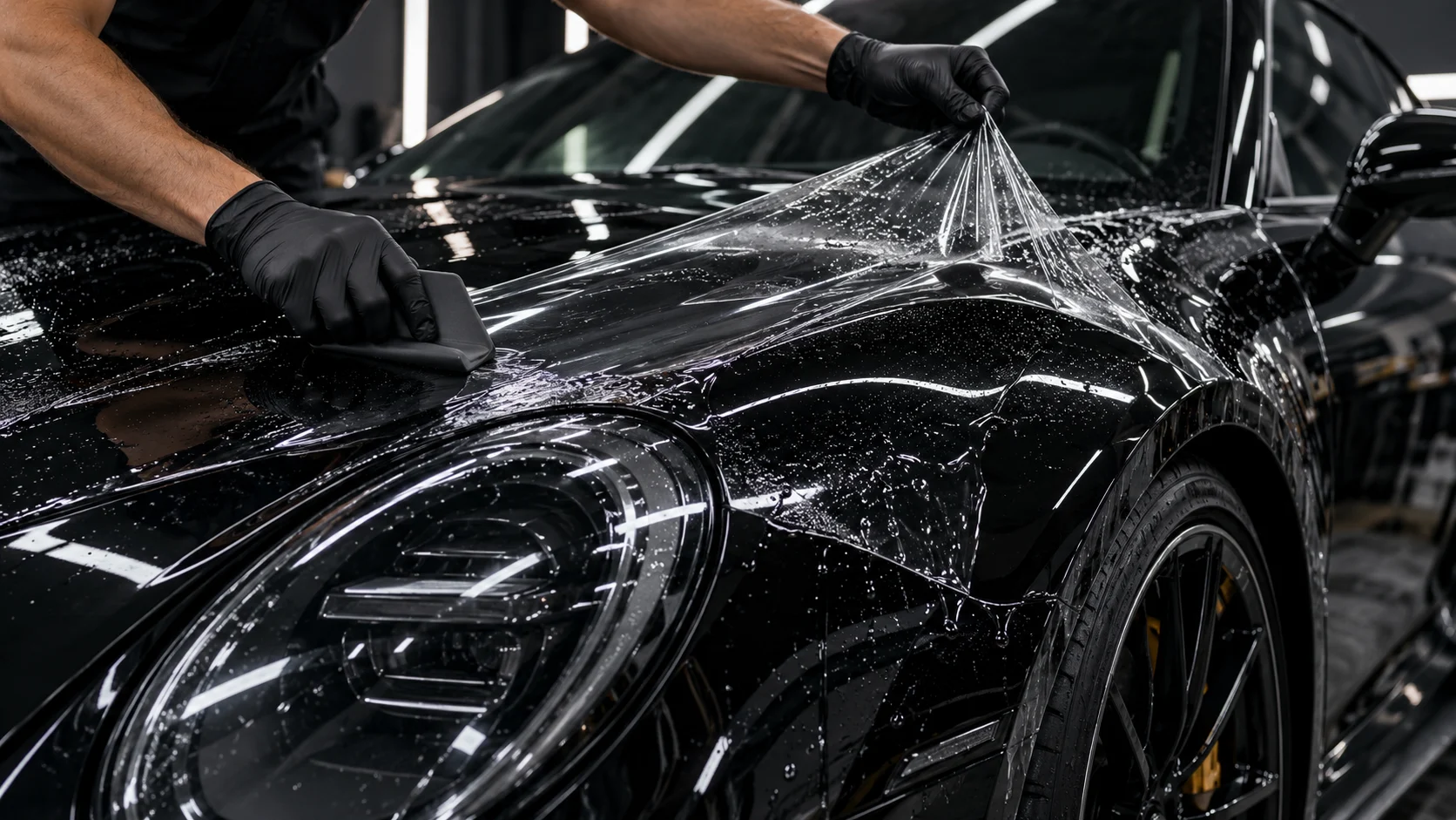 Technician applying clear paint-protection film to a black vehicle