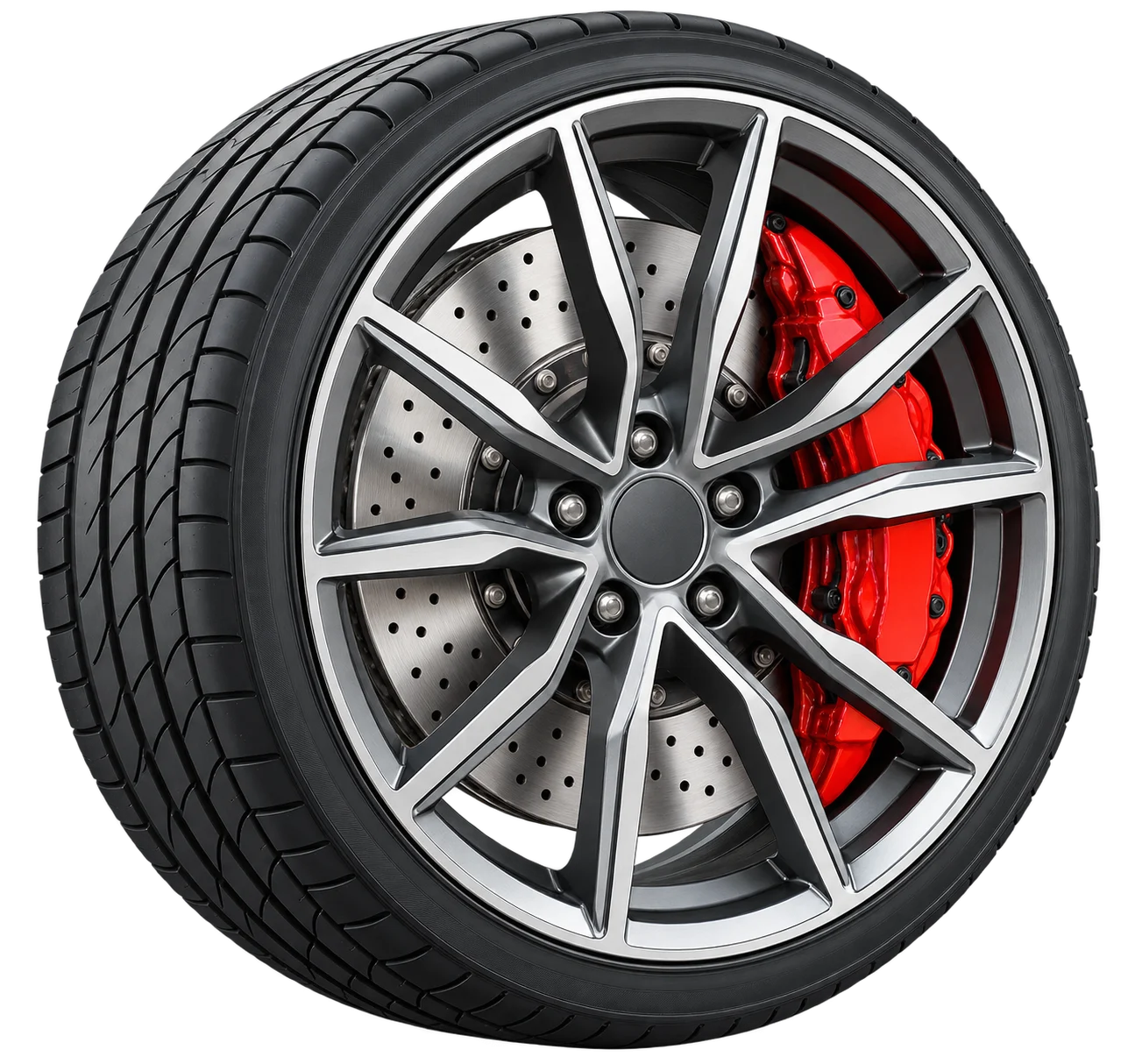 Illustration of an alloy wheel, red brake caliper and drilled rotor