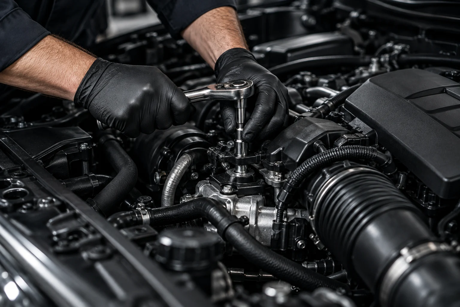 Mechanic servicing an open vehicle engine bay