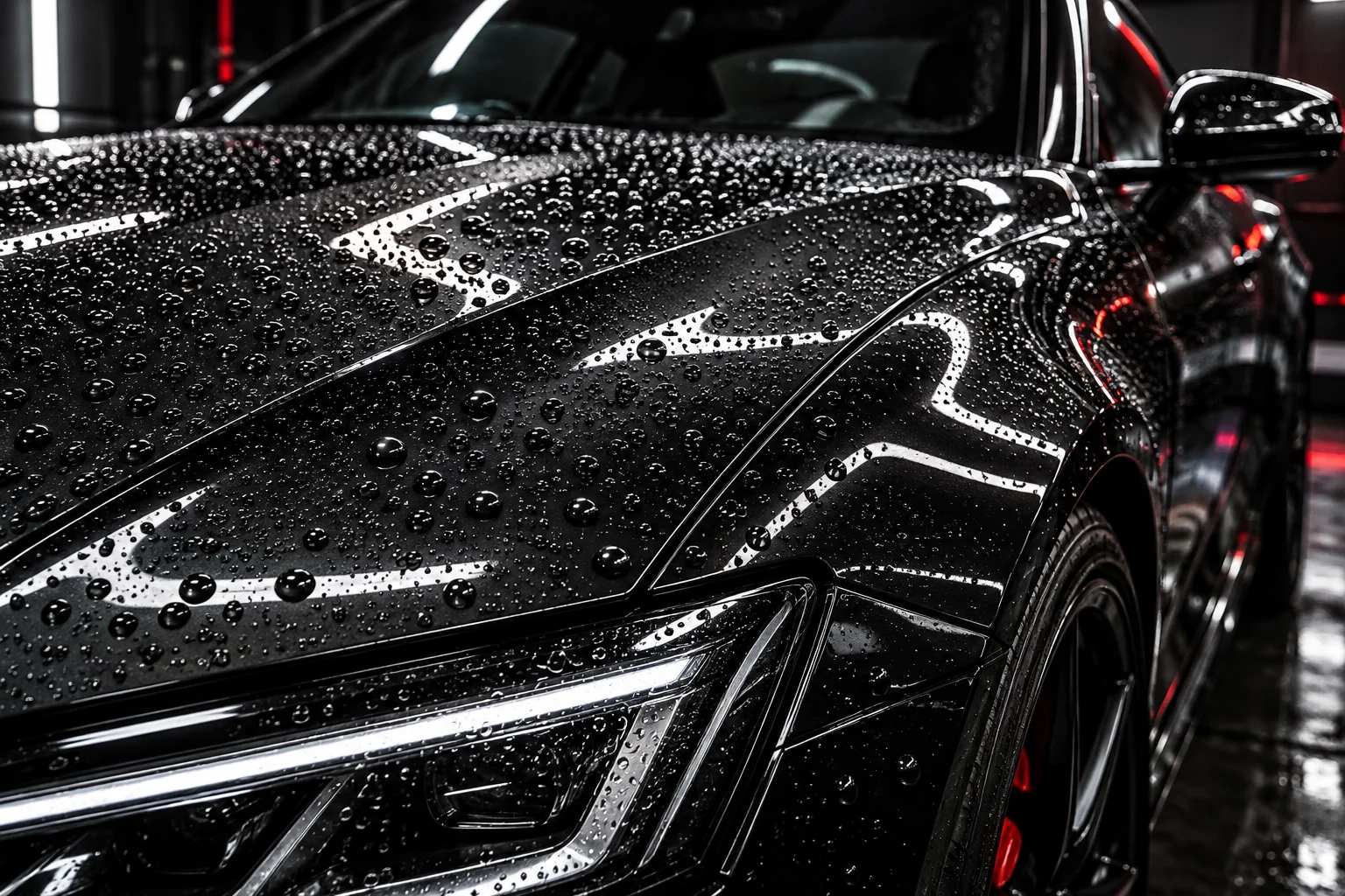 Water beading on a protected glossy black vehicle