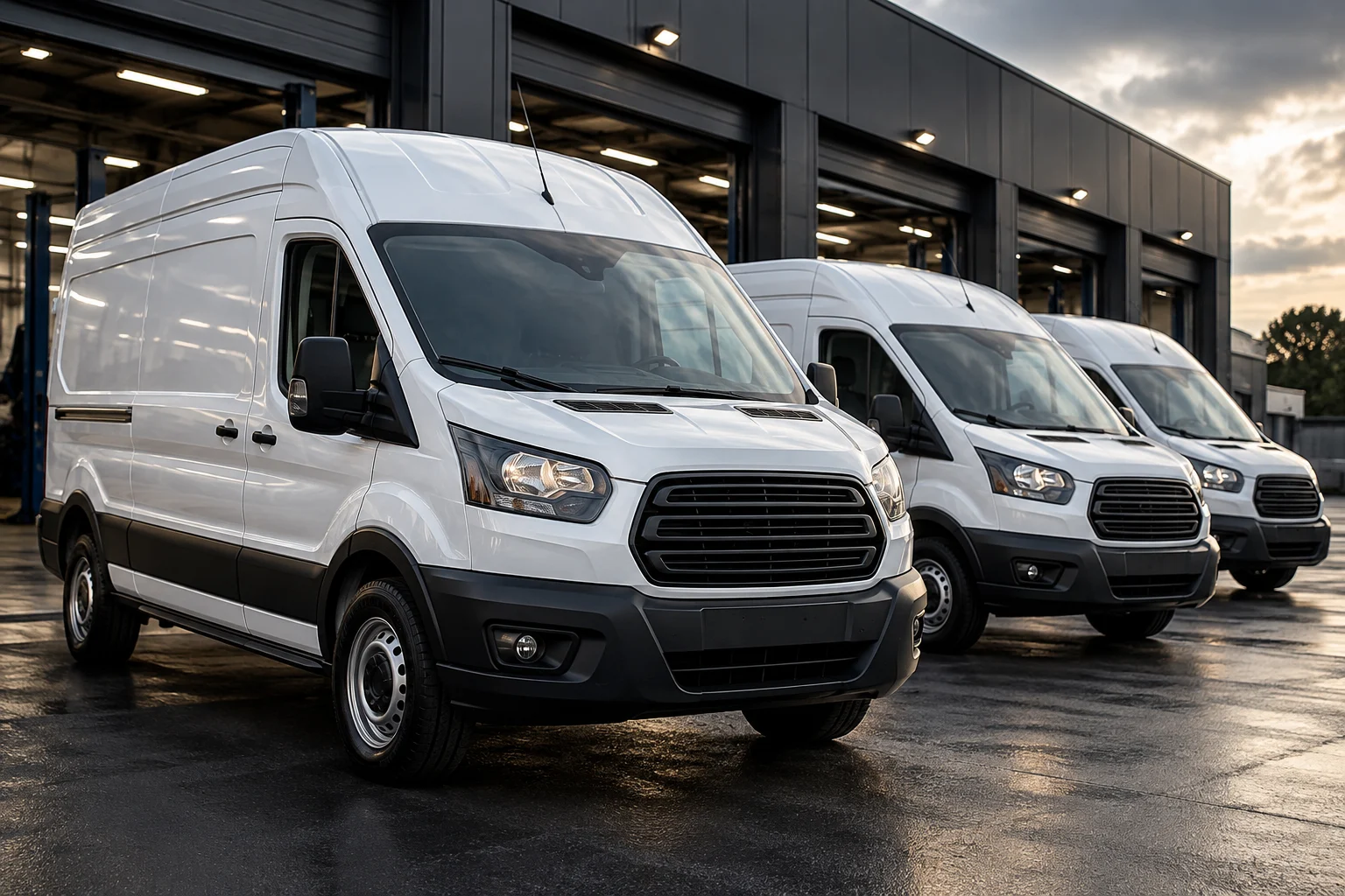 White commercial vans lined up for fleet maintenance