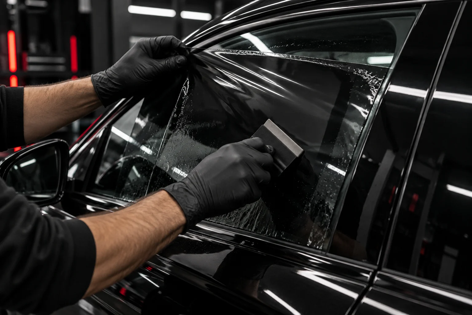 Technician fitting dark window tint film
