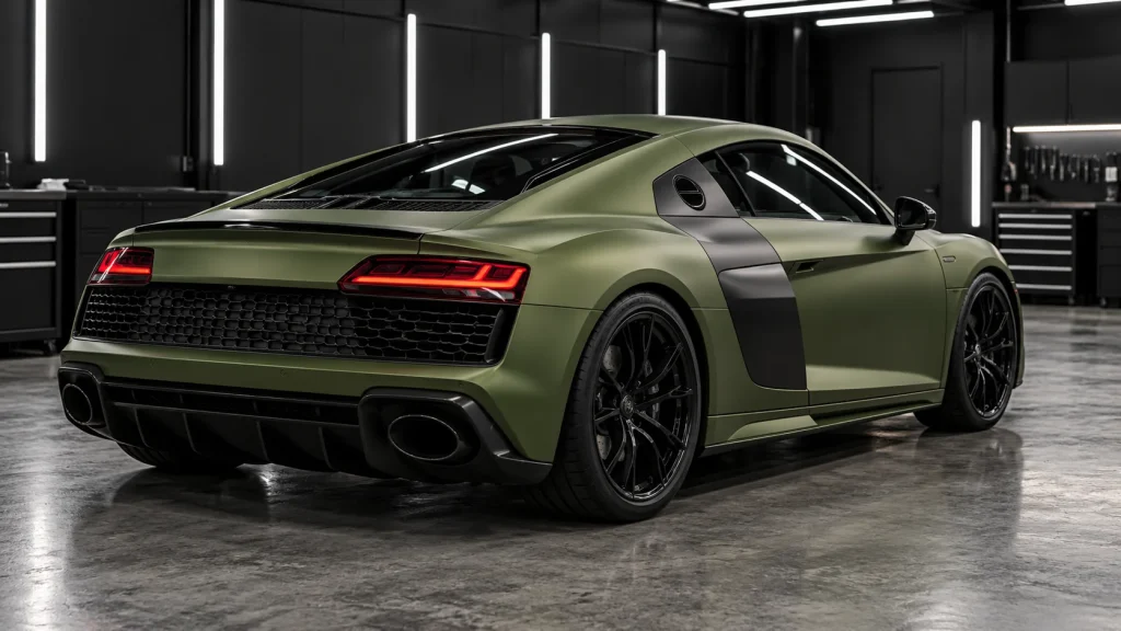 Olive-green wrapped sports car viewed from the rear in a dark workshop