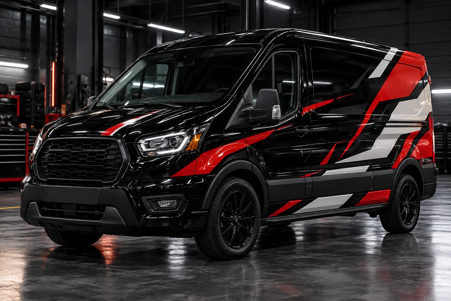 Black commercial van with red-and-white vehicle graphics