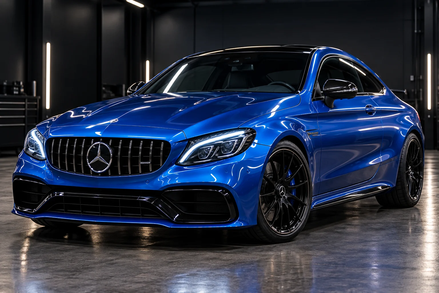 Blue full-color vinyl wrap on a performance coupe