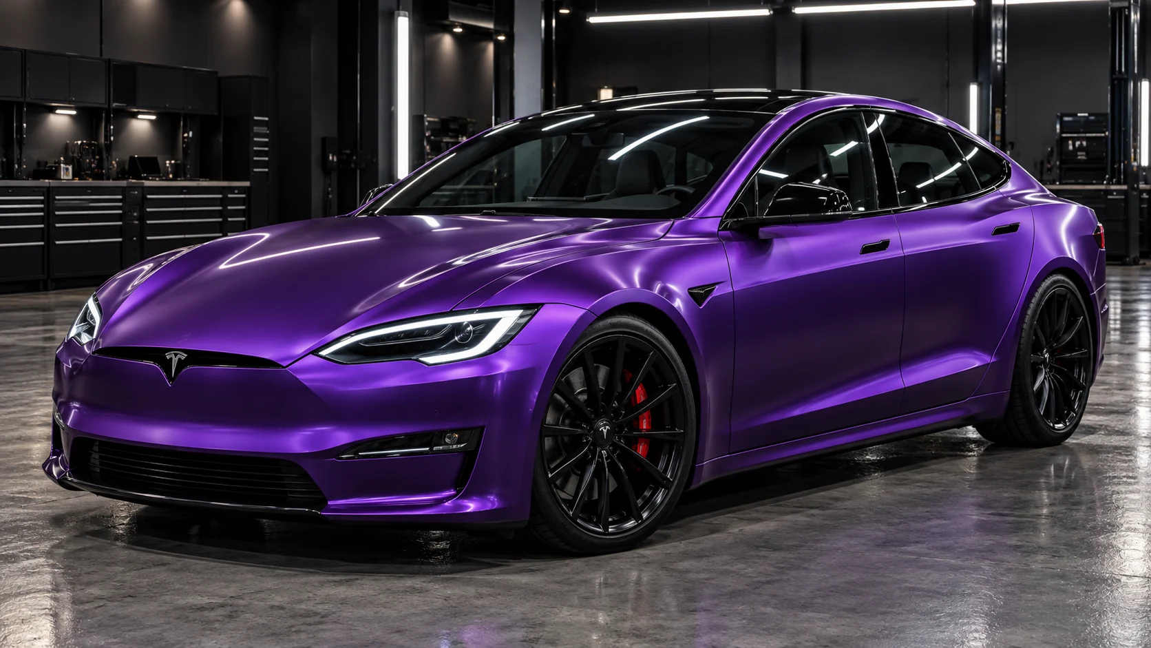 Purple wrapped Tesla in a dark automotive showroom