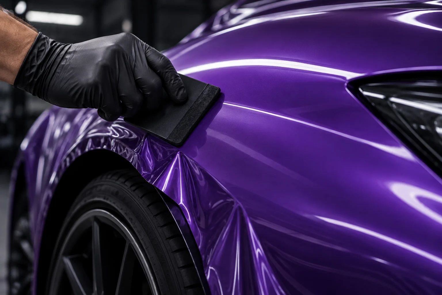 Gloved technician applying purple vinyl wrap