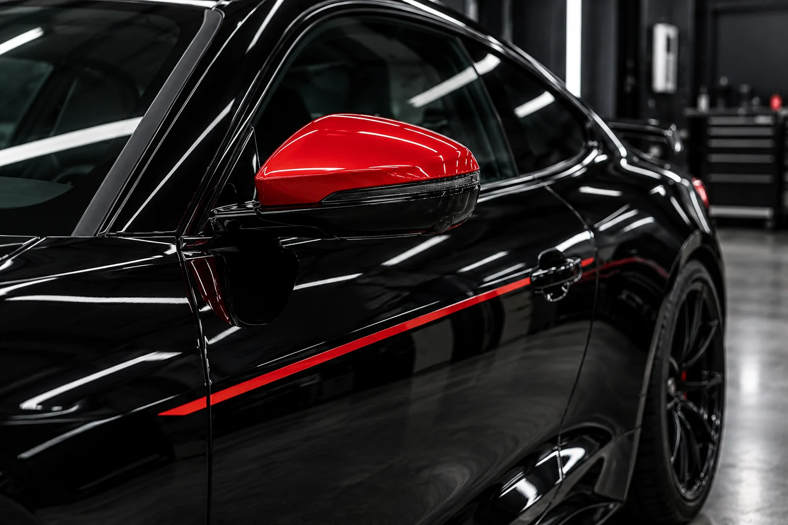 Red mirror and side accents on a black vehicle