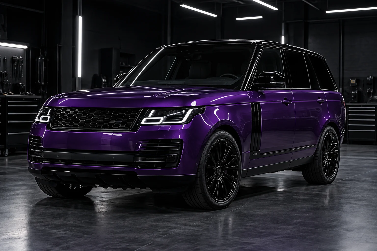 Purple wrapped luxury SUV in a dark showroom