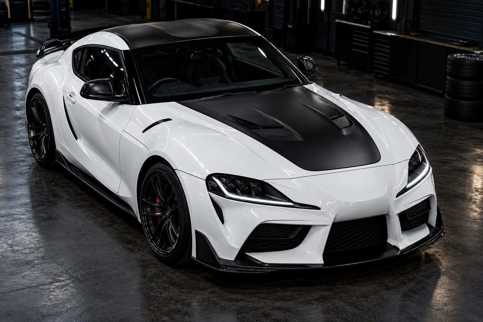 Black wrapped roof and hood accents on a white sports car