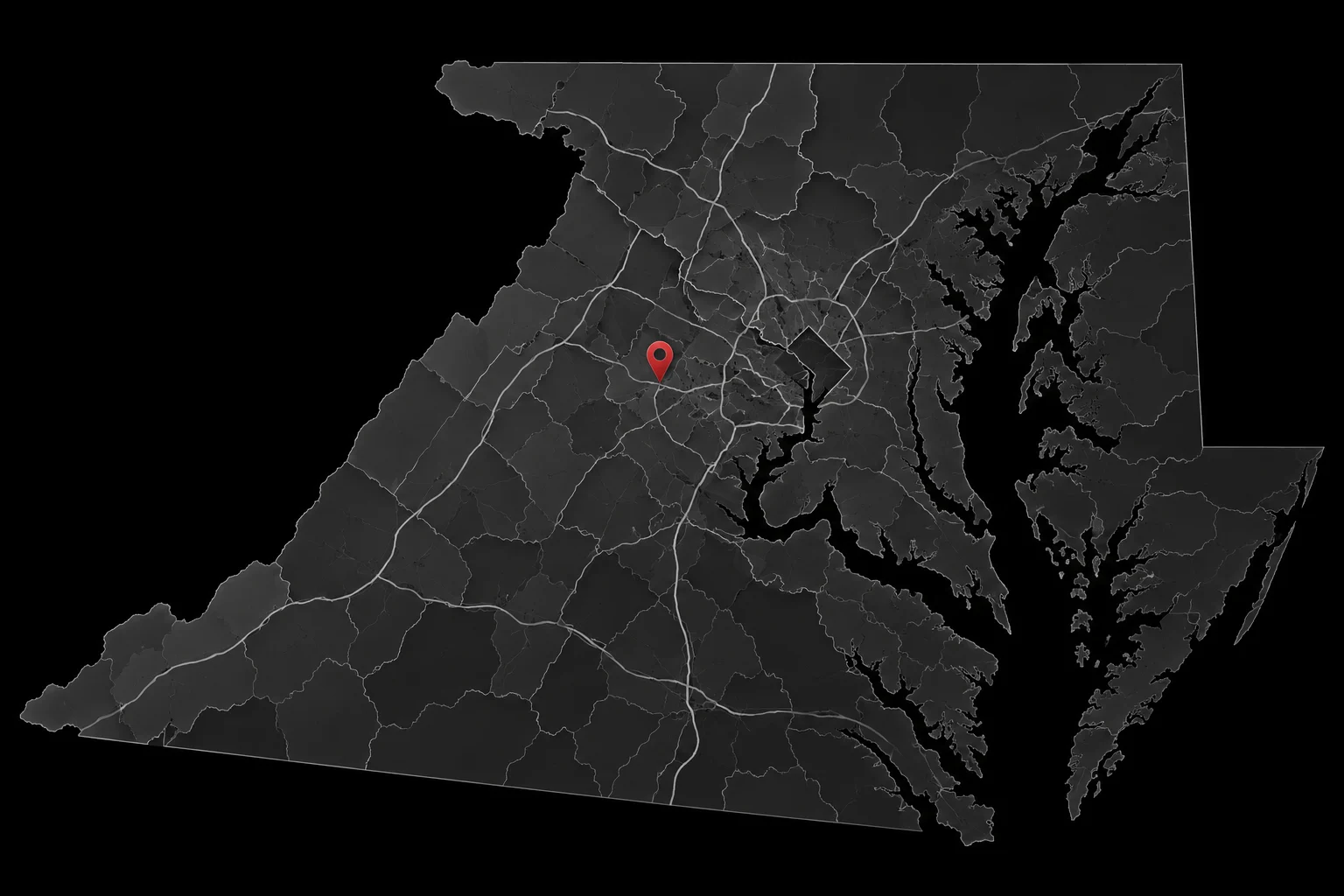 Illustrative service-area map graphic with a red location pin